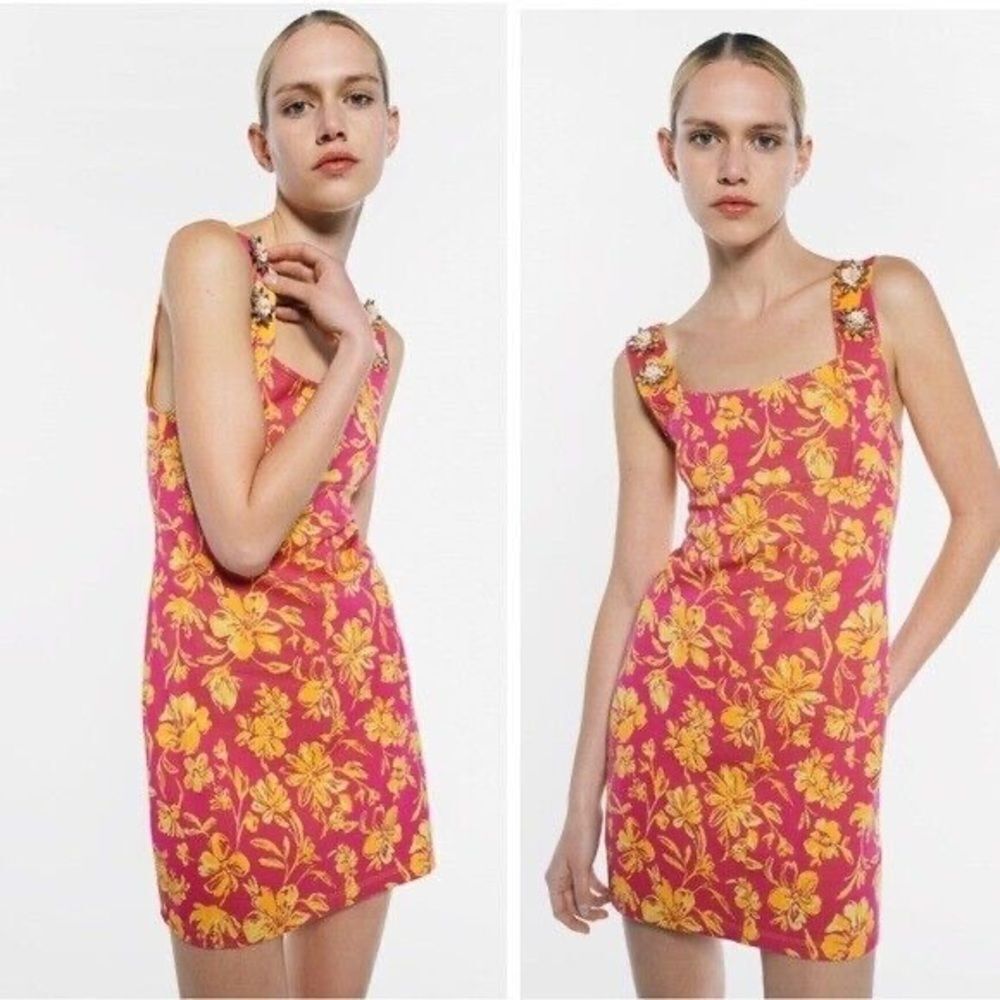 Zara floral jacquard mini dress with jewel appliqué NWT